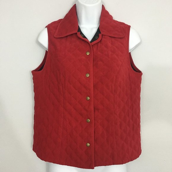 Talbots Jackets & Blazers - Talbots Womens Petites Stretch Red Quilted Gold Snap Front Polyester Blend Vest